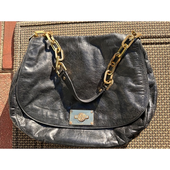 Tory Burch Gold Black Leather & Canvas Chain Linked Over-the-Shoulder Hobo Bag - Picture 5 of 13